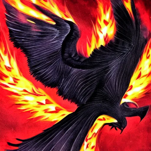 Image similar to black Phoenix bird, horror, dark lighting, on fire