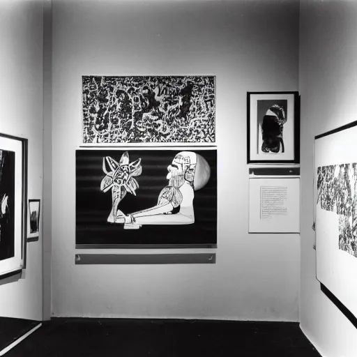 Image similar to A black and white photography in serigraphy of an exhibition space with works of Sun Ra, Marcel Duchamp and tropical plants, 60s, Modern Art