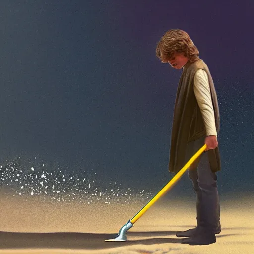 Image similar to anakin skywalker vacuuming the beach for sand, 4k, photorealistic,