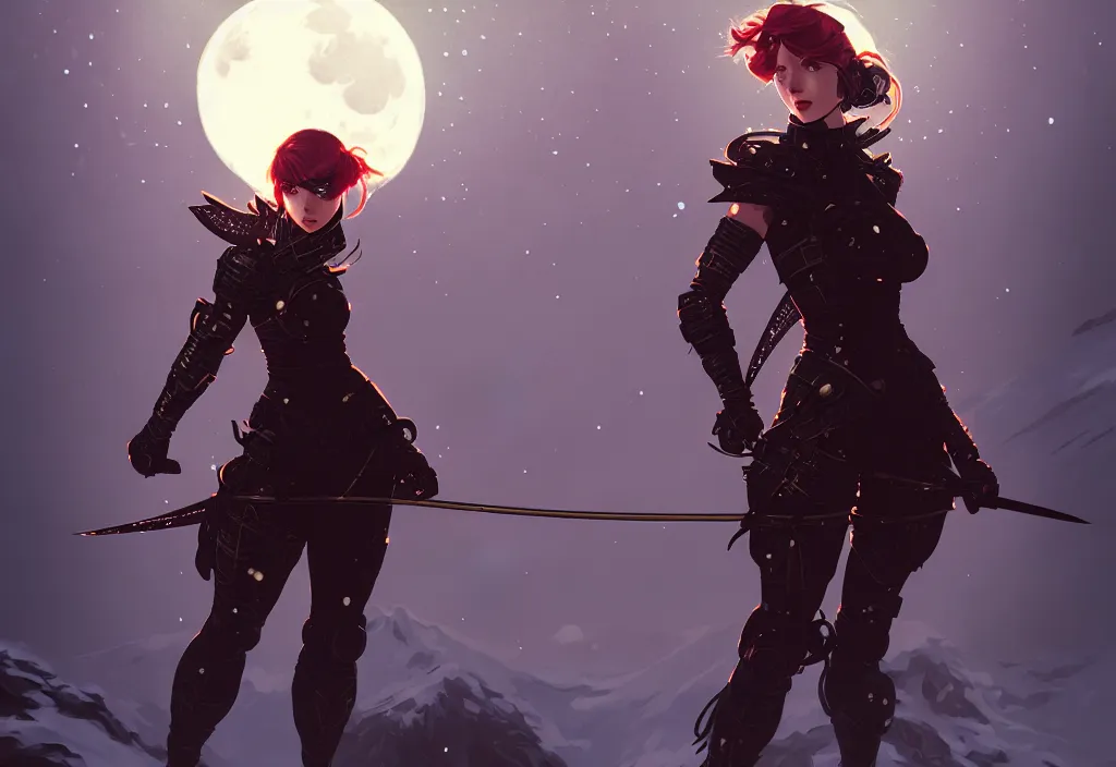 Image similar to portrait ninja gaiden girl, armored dieselpunk wardrobe, at snowy fuji mountain moonlight, ssci - fi and fantasy, intricate and beautiful and elegant, digital painting, artstation, concept art, smooth and sharp focus, illustration, art by tian zi and wlop and alphonse mucha