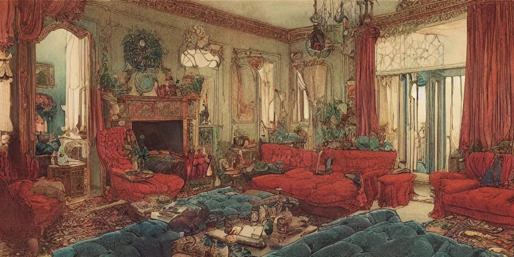 Prompt: a beatiful living room in an old victorian house, extremely detailed, sharp focus, wide view, smooth, digital illustration, colorfull by edmund dulac