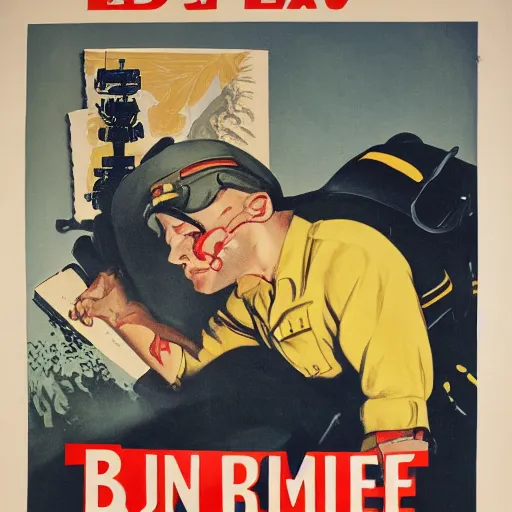 Prompt: a sleeping soldier is stung by a bumblebee, ww 2 allied propaganda poster, no text, highly detailed