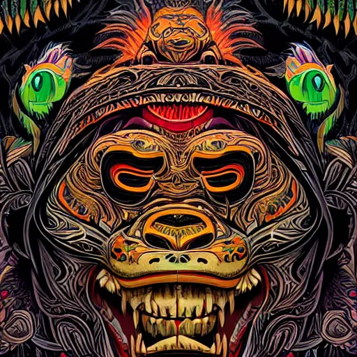 Prompt: barong family member with smiling face, happiness, wiwek, mara demon, one single tribe member, jungle, one single mask, dark, ancient warrior, gorilla, lizard, tribal, inner glow, art by dan mumford and justin gerard