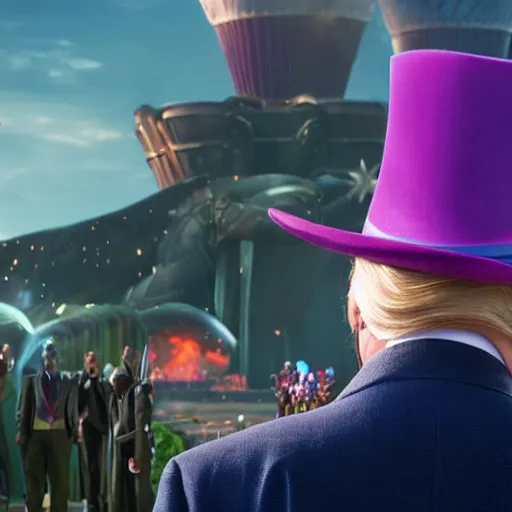 Image similar to donald trump as willy wonka in avengers movie, fantasy, splash art, avengers movie, movie still, detailed face, photorealistic facial features, cinematic lighting, dramatic, octane render, long lens, shallow depth of field, bokeh, anamorphic lens flare, 8 k, hyper detailed, 3 5 mm film grain