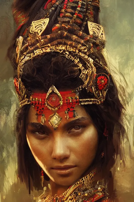 Image similar to aztec princess, gorgeous, close - up portrait, intricate, elegant, volumetric lighting, scenery, digital painting, highly detailed, artstation, sharp focus, illustration, concept art, ruan jia, steve mccurry