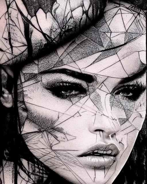 Image similar to tattoo sketch of megan fox face mash up with beautiful mountains, in the style of dan mountford, double exposure, hyper realistic, amazing detail, black and white