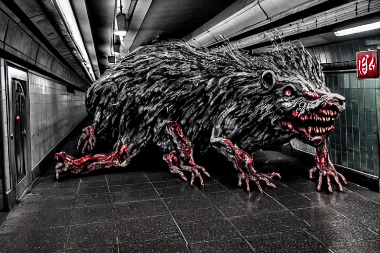 Image similar to very large giant mutant zombie irradiated ( angry rat ) staying on railways in tonnel of moscow subway. extreme high detail, very realistic. extreme long shot, low dark light, scary mood, anish kapoor.