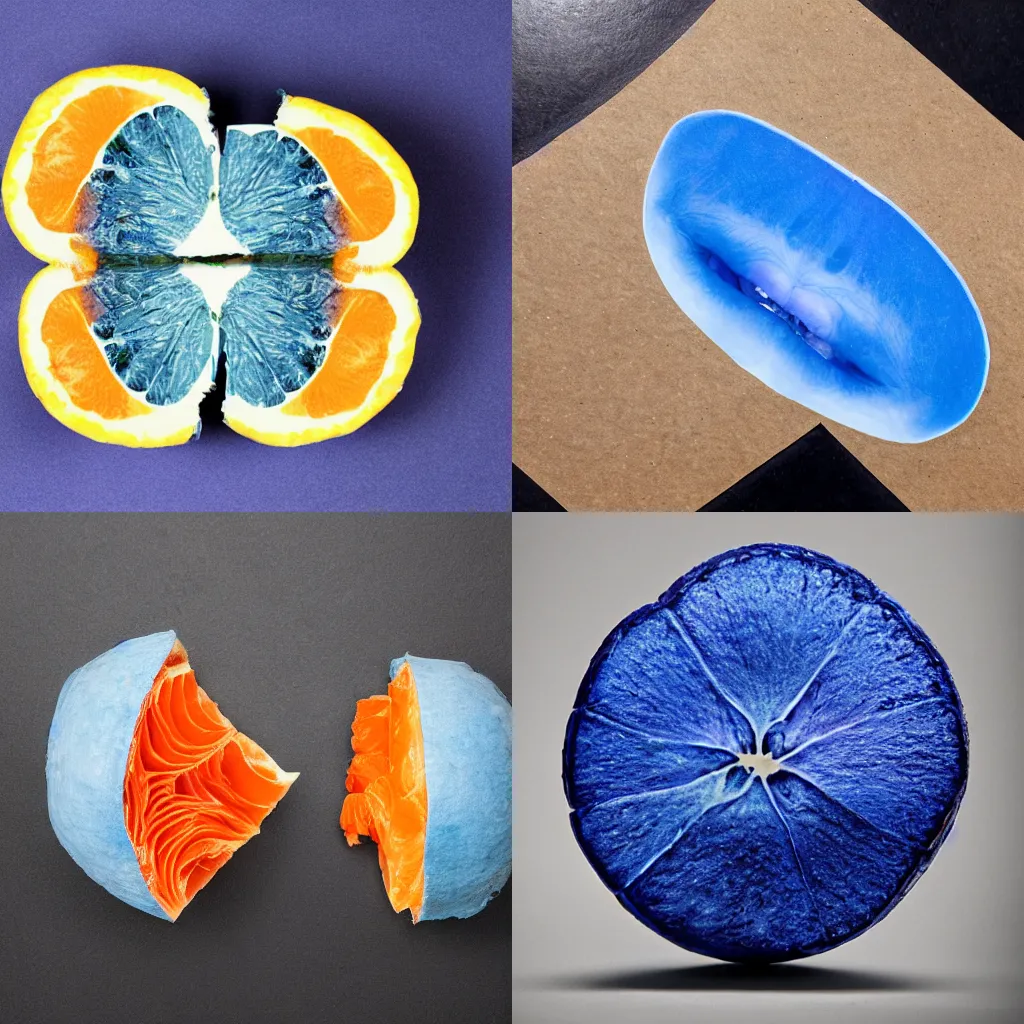 Prompt: a blue orange cut in half, studio photo