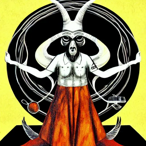 Image similar to graphic illustration, creative design, baphomet with aleister crowley, biopunk, francis bacon, highly detailed, hunter s thompson, mixed media