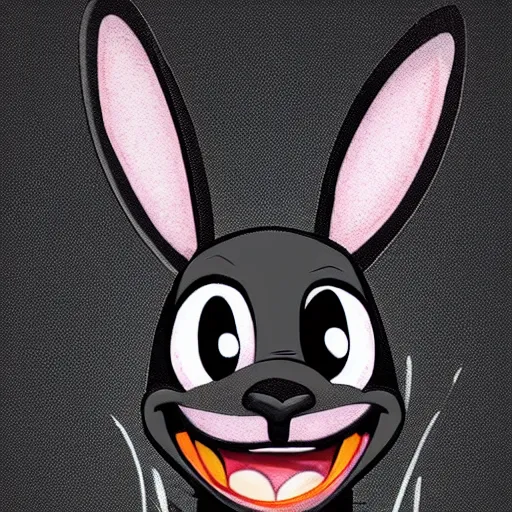 Image similar to A extremely highly detailed majestic hi-res beautiful, highly detailed head and shoulders portrait of a scary terrifying, horrifying, creepy black cartoon rabbit with scary big eyes, earing a shirt laughing, hey buddy, let's be friends, in the style of Walt Disney animation