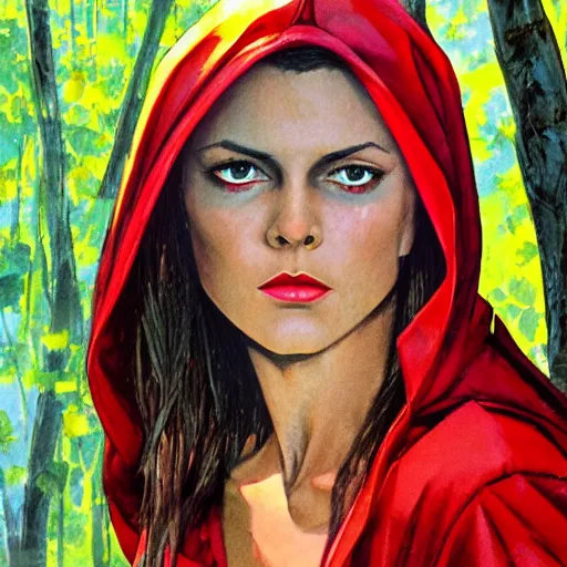 Image similar to photorealistic picture, by bob peak and alex ross and john romita jr, red riding hood lost in miami, gouache and wash paints, fine details, fine intricate, fine facial proportionate, fine body proportionate, fine fix broken line, fine fix duplicate line, smooth focus, sharp details, bokeh, 4 k, fine 5 k details