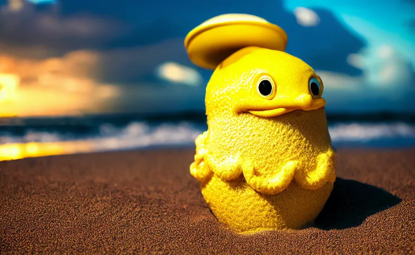 Image similar to 5 0 mm photograph, of a real anthropomorphic lemon character, with lemon skin texture, it is wearing a hat and scuba diving, building a sandcastle on the beach at sunset, beach, huge waves, sun, clouds, tropical trees, rim light, cinematic photography, professional, sand, sandcastle, volumetric lightening