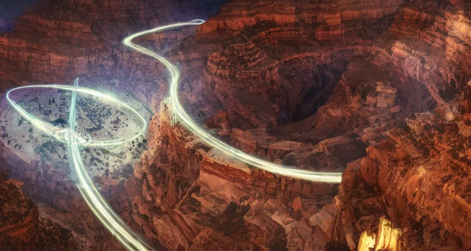 Image similar to night, people and a spiral - shaped white luminous attractor is floating in grand canyon, concept art, art for the game, professional lighting, art