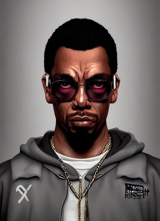 Image similar to a 3 d rendered portrait of an 9 0's era hiphop artist by artist hadi karimi, wlop, artgerm, greg rutkowski, serious expression, dramatic lowkey studio lighting, accurate skin textures, octane renderer, hyperrealism, zbrush, cgsociety, aesthetically pleasing and harmonious vinatge colors