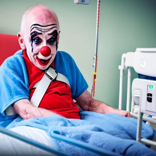 Image similar to crazy elderly clown supine in hospital bed, strapped into bed with restraints, photograph, 8 k