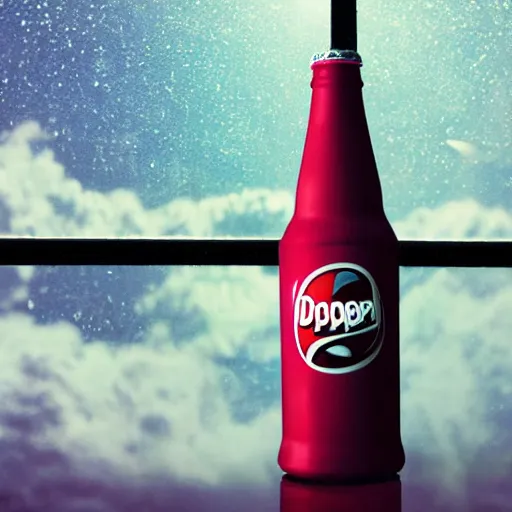 Prompt: Dr. Pepper bottle floating in space, viewed through the window of a spaceship