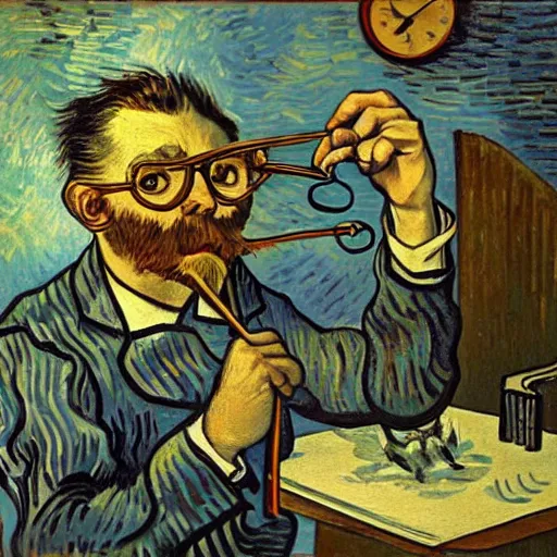 Image similar to grumpy software dev working on a pair of spectacles, surreal, dali, van gogh