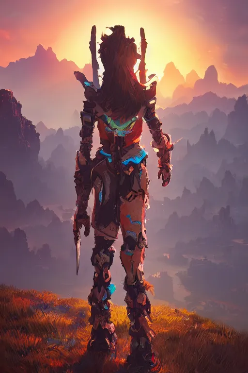 Image similar to combination suit armor aloy horizon forbidden west horizon zero dawn radiating a glowing aura global illumination ray tracing hdr fanart arstation by ian pesty and alena aenami artworks in 4 k tribal robot ninja mask helmet backpack