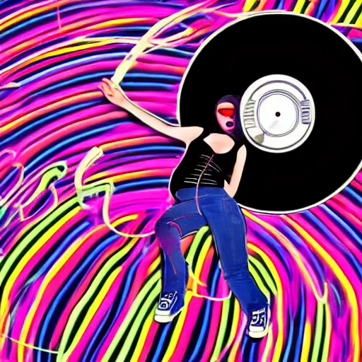 Prompt: a punk teen black girl wearing headphones plugged in and lying on top of a giant record player, weirdcore, bizarre, beautiful, colorful background, digital art