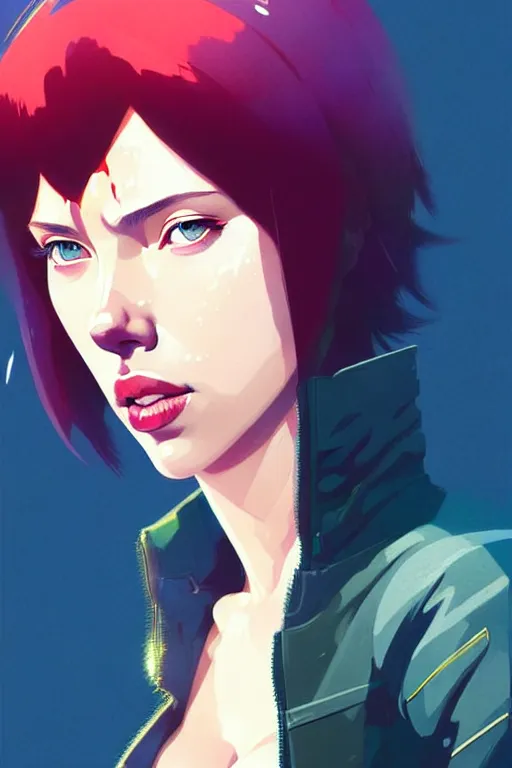 Image similar to a ultradetailed beautiful panting of scarlett johansson as motoko kusanagi, by conrad roset, greg rutkowski and makoto shinkai, trending on artstation