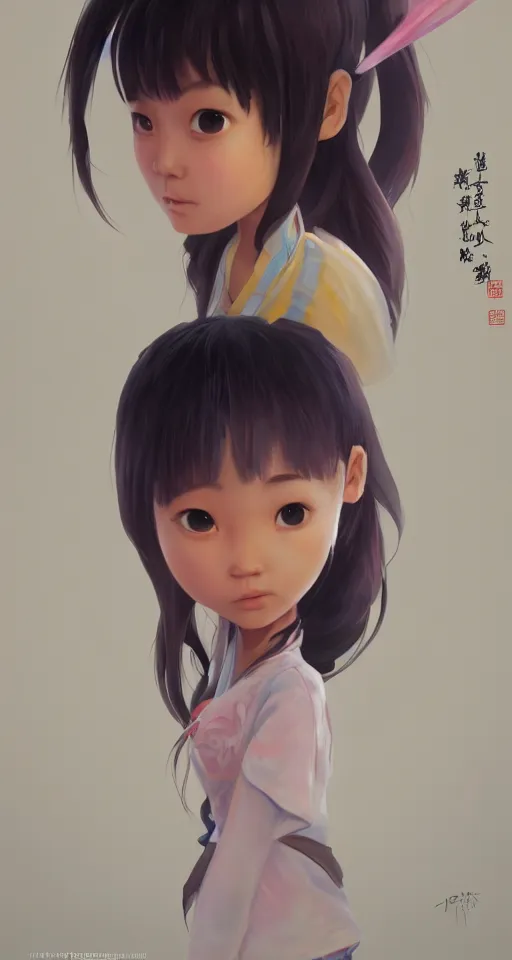 Prompt: a painting of cute Asian girl frowning, in the style of DreamWorks animation, low angle view, 16mm lens, award winning, mid-shot, hyper detailed, dramatic lighting, artstation, octane renderer, unreal engine
