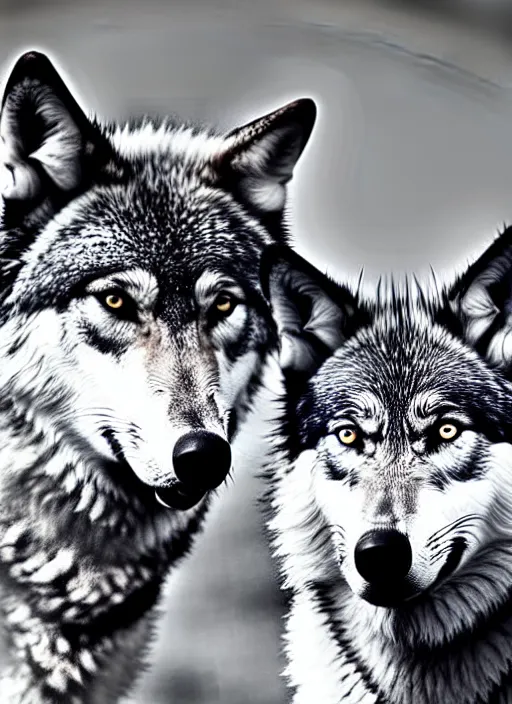 Image similar to two wolves black and white portrait white sky in background