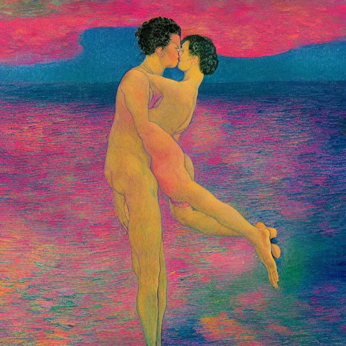 Image similar to close view of woman and man kissing. seaside with tall waves, sun setting through the storm clouds. iridescent, vivid psychedelic colors. painting by agnes pelton, egon schiele, henri de toulouse - lautrec, utamaro, matisse, monet