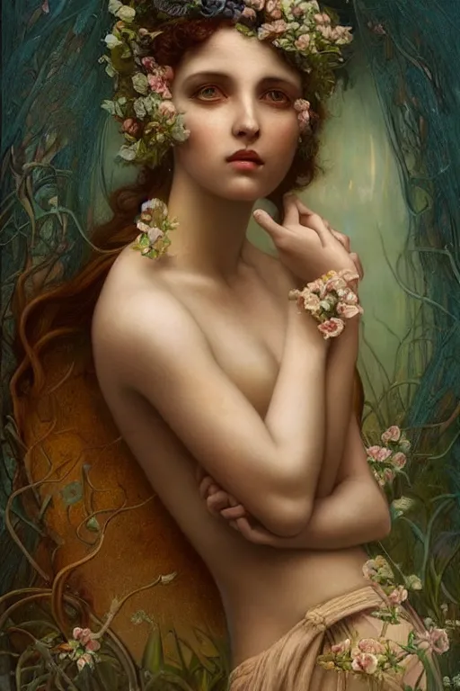 Prompt: An extremely beautiful young woman explaining the birds and the bees by Tom Bagshaw in the style of a modern Gaston Bussière, art nouveau, art deco, surrealism. Extremely lush detail. Melancholic scene. Perfect composition and lighting. Profoundly surreal. High-contrast lush surrealistic photorealism. Sultry and mischievous expression on her face.