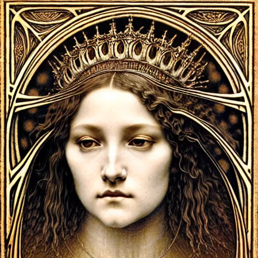 Image similar to detailed realistic beautiful young medieval queen face portrait by jean delville, gustave dore and marco mazzoni, art nouveau, symbolist, visionary, gothic, pre - raphaelite, art forms of nature by ernst haeckel