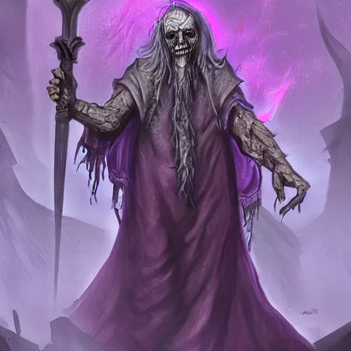 Image similar to a violet evil old wizard, graveyard background, undead arms rising from the ground, epic fantasy style art, fantasy epic digital art
