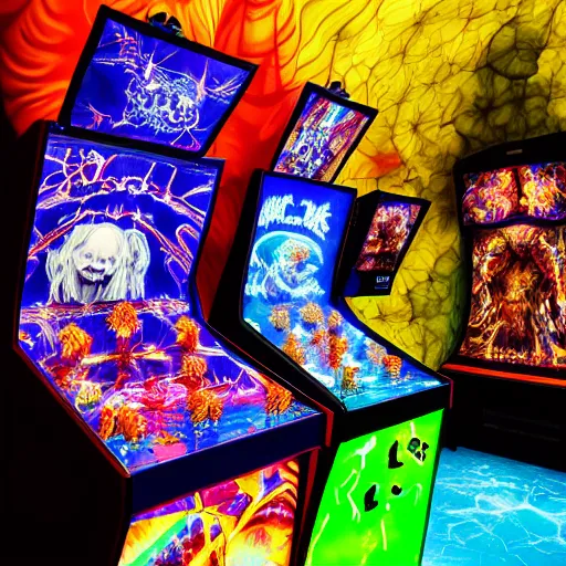 Image similar to satanic arcade filled with demonic arcade cabinets by spider zero, benoit b. mandelbrot, jeff koons, chihuly, trending on artstation # chihuly