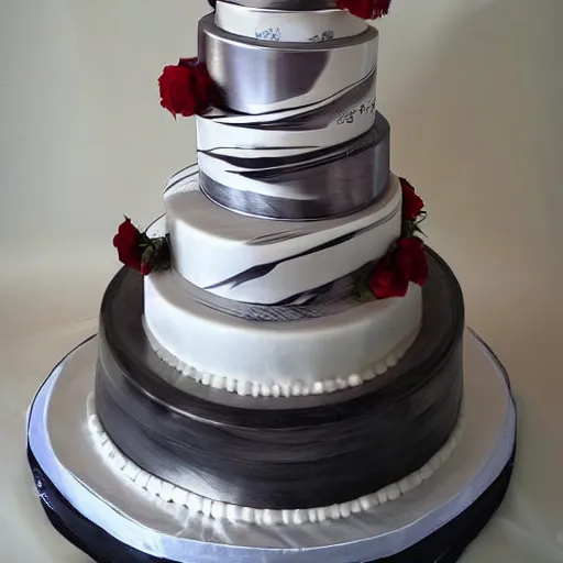 Prompt: wedding cake with bride and groom on top, a huge knife slicing it in color with a dali look