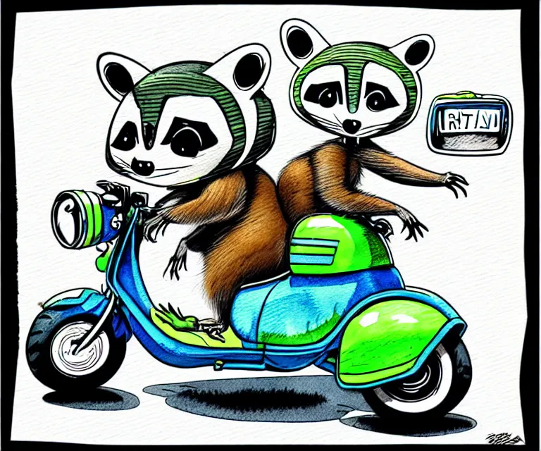 Prompt: cute and funny, racoon wearing a helmet riding in a tiny moped scooter with oversized engine, ratfink style by ed roth, centered award winning watercolor pen illustration, isometric illustration by chihiro iwasaki, edited by range murata