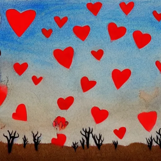 Image similar to primary school on a hill, red hearts, sadness, dark ambiance, concept by godfrey blow, featured on deviantart, drawing, sots art, lyco art, artwork, photoillustration, poster art