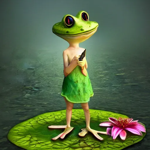 Prompt: a frog fairy on a lily pad, concept render, portrait, magical, alexander jansson, artstation