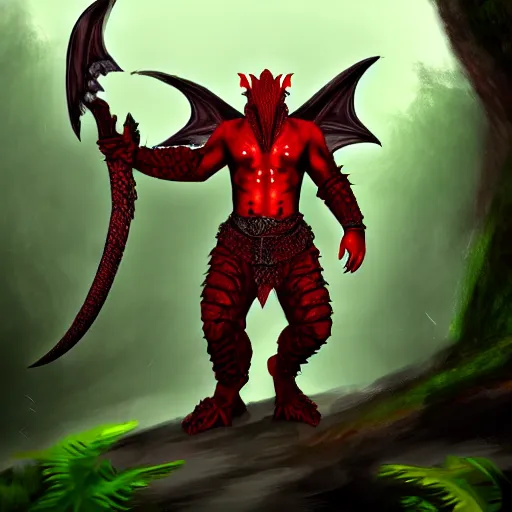 Image similar to A dragonborn with red scales and wings, wearing viking armor, in a rainforest, trending on artstation