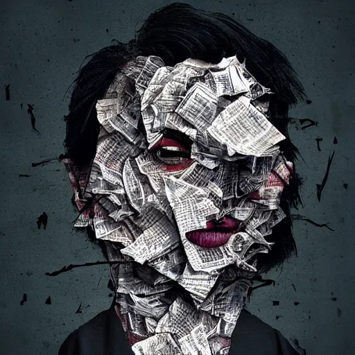 Image similar to face shredded like paper news, dark, surreal, illustration, by ally burke