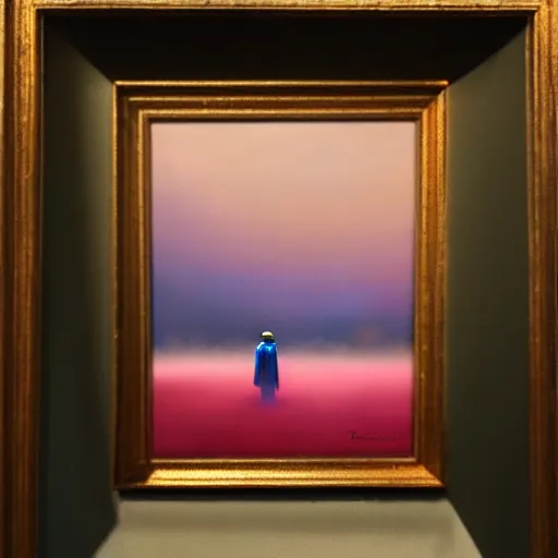 Image similar to oil painting of a blue caped armored knight, wearing modern headphone, lonely, foggy, standing in midground, pink sunset, by capsar david friedrich