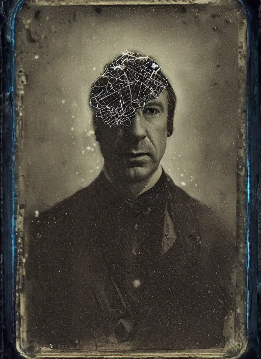 Prompt: old wetplate daguerreotype portrait of saul goodman, explosion of data fragments, fractal, intricate, elegant, highly detailed, parallax, medium format, subsurface scattering, by jheronimus bosch and greg rutkowski and louis jacques mande daguerre