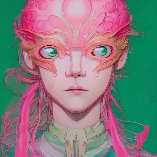 Image similar to prompt : pink and green portrait soft light painted by james jean and katsuhiro otomo and erik jones, inspired by evangeleon anime, smooth face feature, intricate oil painting, high detail illustration, sharp high detail, manga and anime 1 9 9 0