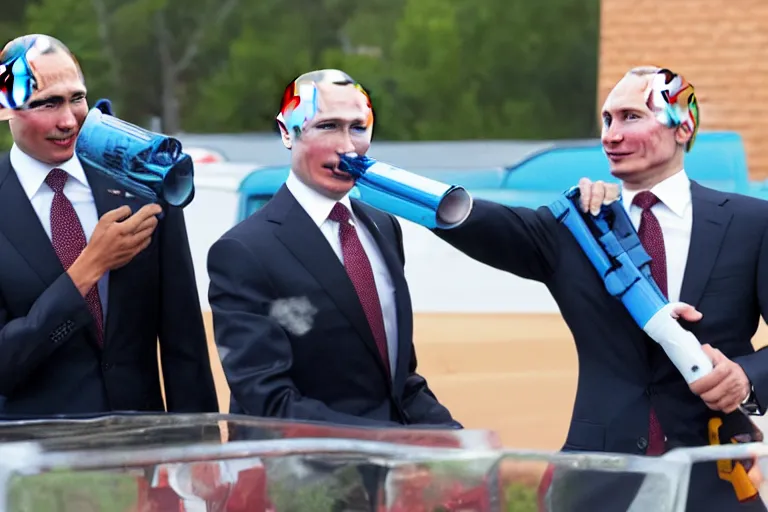 Image similar to barrack Obama and Vladimir Putin holding water guns to each other’s heads while smiling and crying, 8K New York Times Photography TMZ