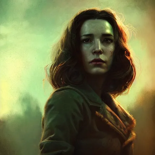 Image similar to fallout 5, charismatic brunette female protagonist, portrait, atmospheric lighting, painted, intricate, volumetric lighting, beautiful, daytime, sunny weather, slight overcast, sharp focus, deep colours, ultra detailed, by leesha hannigan, ross tran, thierry doizon, kai carpenter, ignacio fernandez rios