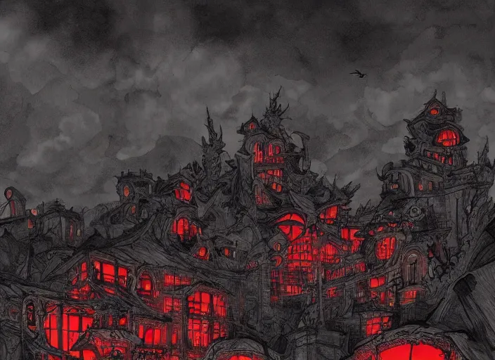 Image similar to a landscape of the hell by takeshi obata and mike mignola, hell, dragons, red and black colors, colors, abandoned buildings, trees with faces, night sky, highly detailed, cgsociety, artstation, very detailed