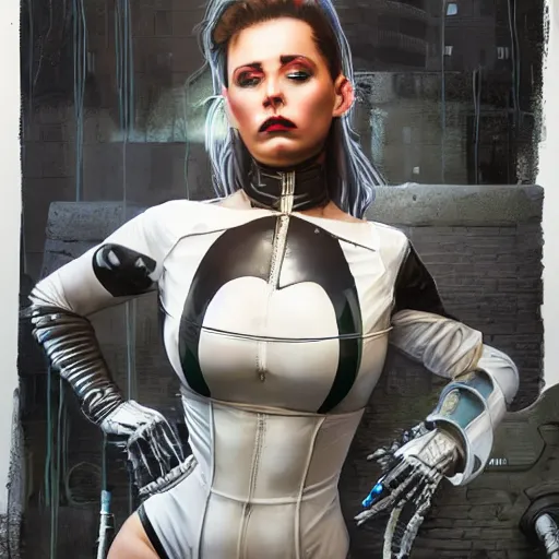 Image similar to a full bodied portrait of beautiful, mischievous, young woman in latex suit by sandra chevrier, detailed render, epic composition, cybernetics, 4 k realistic, cryengine, realistic shaded lighting, sharp focus, masterpiece, by matteo scalera, gary montalbano, peter elson in the style of the tokyo ghost comic, epic angles