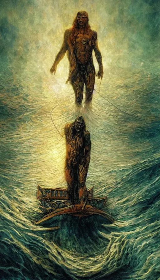 Prompt: man on boat crossing a body of water in hell with creatures in the water, sea of souls, by karol bak