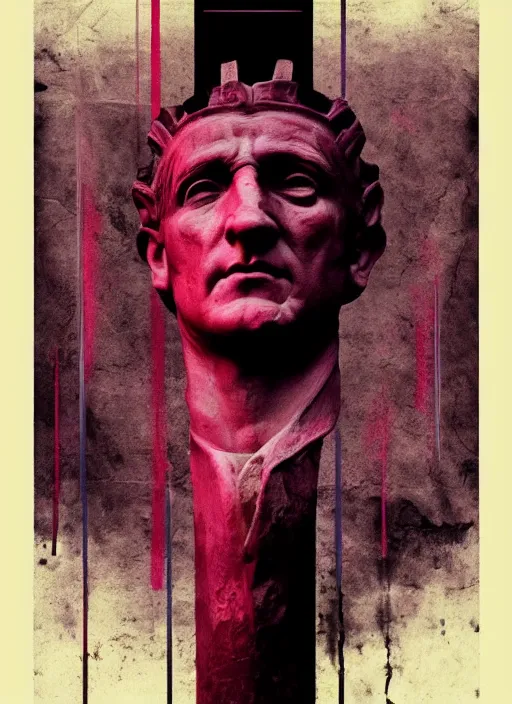 Image similar to elegant dark design poster showing a statue of julius caesar, black background with very subtle red and purple design elements, powerful, nekro, vito acconci, thin straight purple lines, dark, glitch art, neo vaporwave, gritty, layout frame, square, trending on artstation