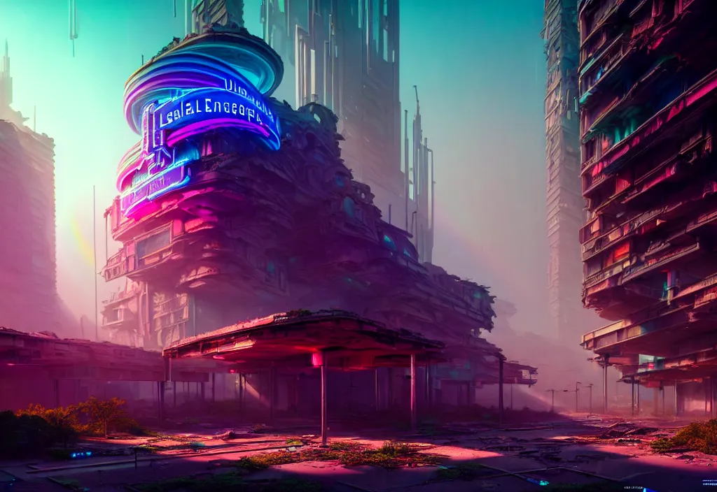 Image similar to A highly detailed crisp unreal engine render of A beautiful futuristic cyberpunk abandoned city building with neon like plants, perfect well made rainbow on the sky, sunlight breaking through clouds, debris on the ground, abandoned machines by wangchen-cg, 王琛,Neil blevins, artstation