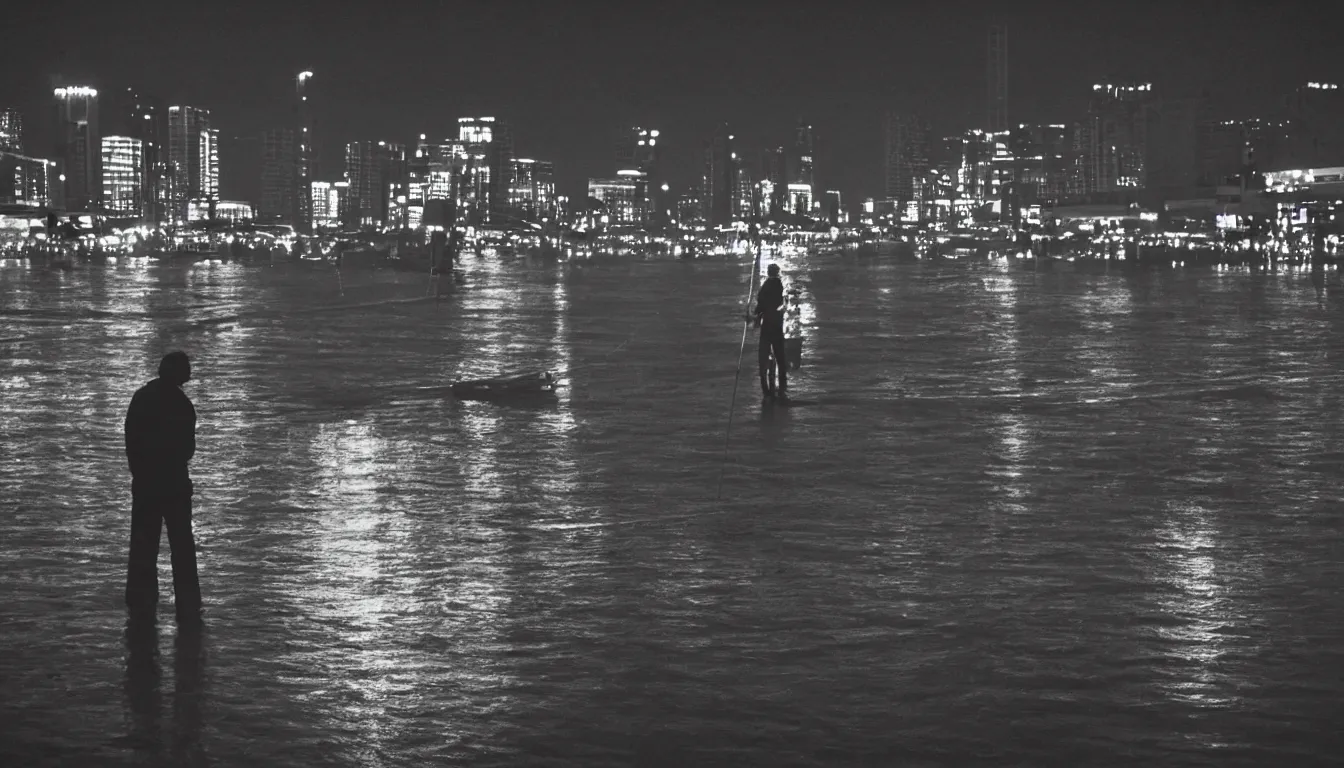 Prompt: 80s asian neon movie still with a lone man fishing on a pier by the river at night with city lights behind his back. Fallen angels movie still. hyperrealistic, photorealistic, high definition, medium format photography, highly detailed, tehnicolor, anamorphic 50mm lens