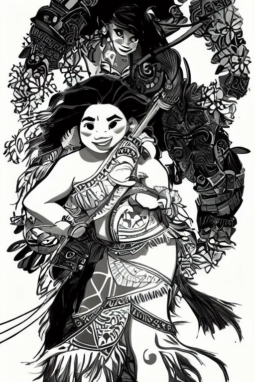 Image similar to moana illustrated by yoji shinkawa, ink, digital painting, highly detailed, trending on artstation, sharp focus, illustration, concept art, norman rockwell