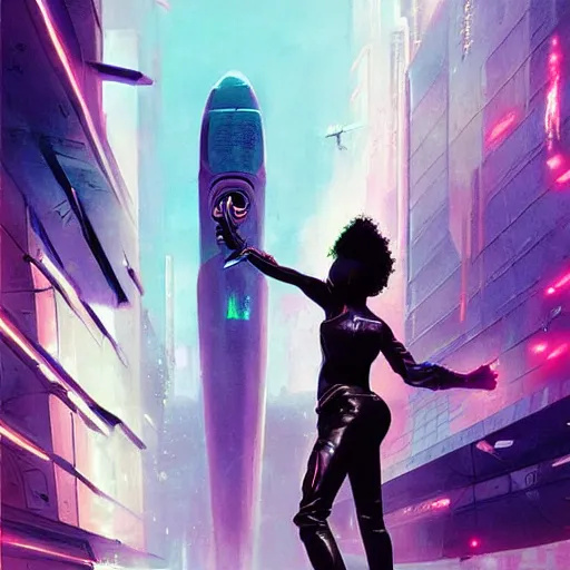Prompt: a black girl flying through the synthwave city with a rocketpack in a cyberpunk style by greg rutkowski and android jones, oil on canvas